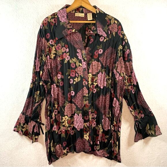 Apostrophe Tops - Vintage Womens Chiffon Button Top Sz 20/22W Purple Floral Dark Romantic Bow‎